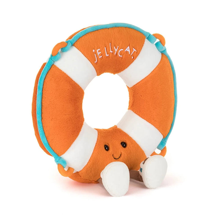 Jellycat Amuseables Life Ring front view – 13 x 11 inch bright orange nautical plush toy with expressive embroidered face, suitable from birth