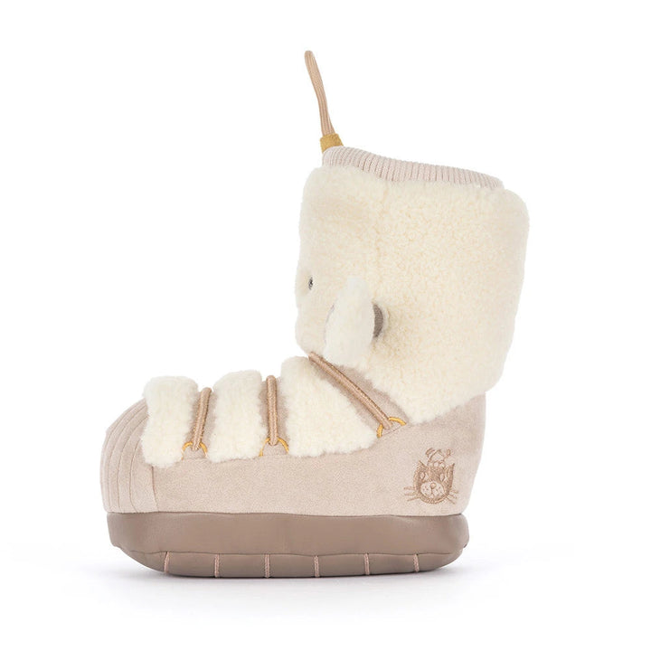 Side profile of Jellycat Amuseables Perta Snow Boot, a cozy winter collectible plush toy