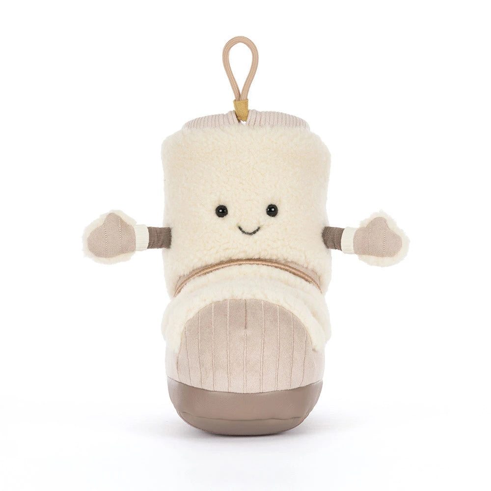 Jellycat Amuseables Perta Snow Boot plush stands upright, a whimsical winter stuffed animal gift