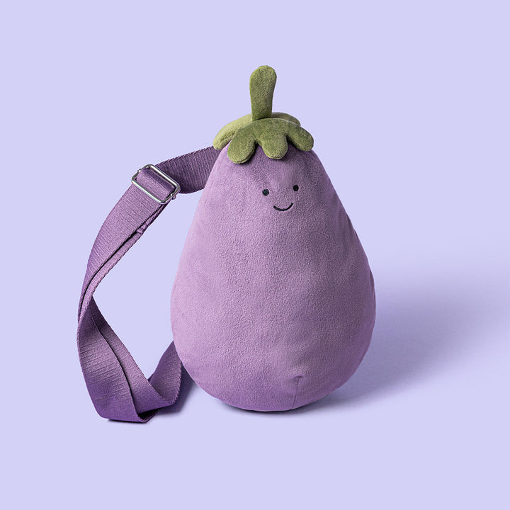 Amuseables Eggplant Bum Bag by Jellycat, side angle showing adjustable strap