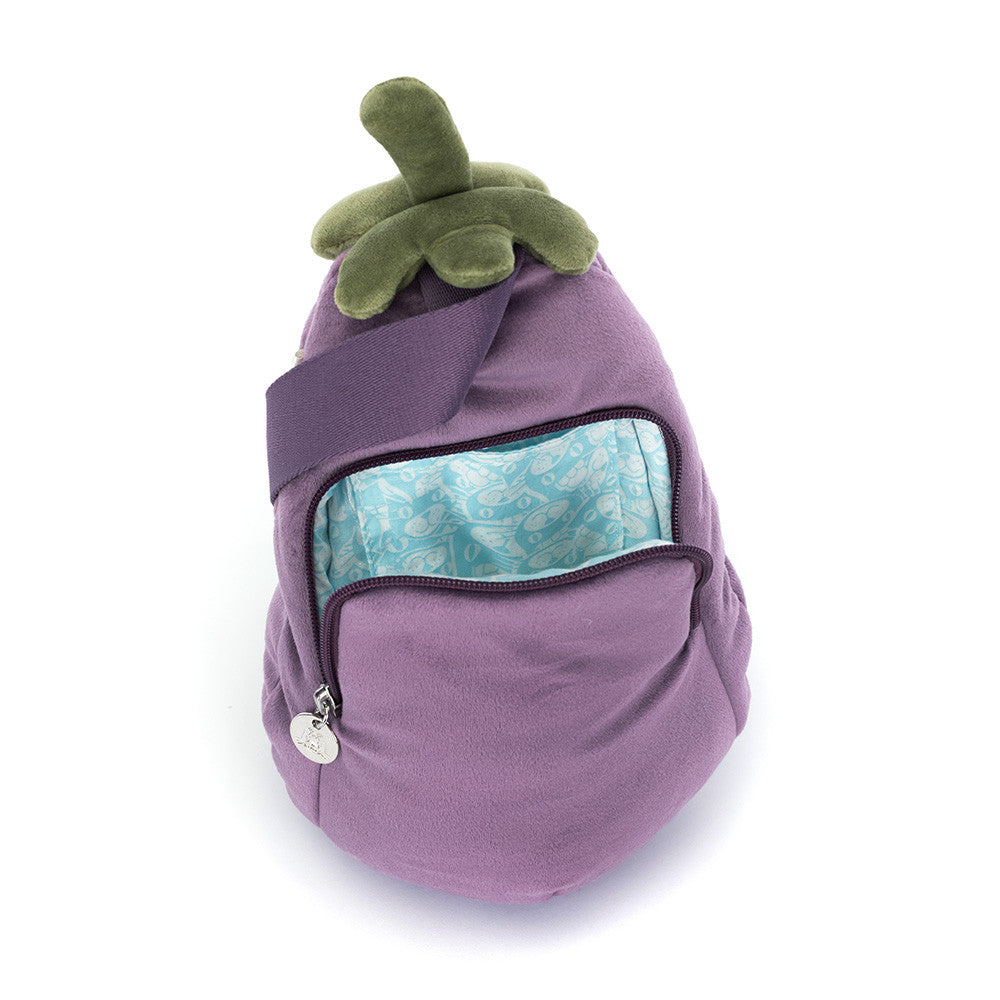 Amuseables Eggplant Bum Bag by Jellycat, close-up of embroidered eyes and smile