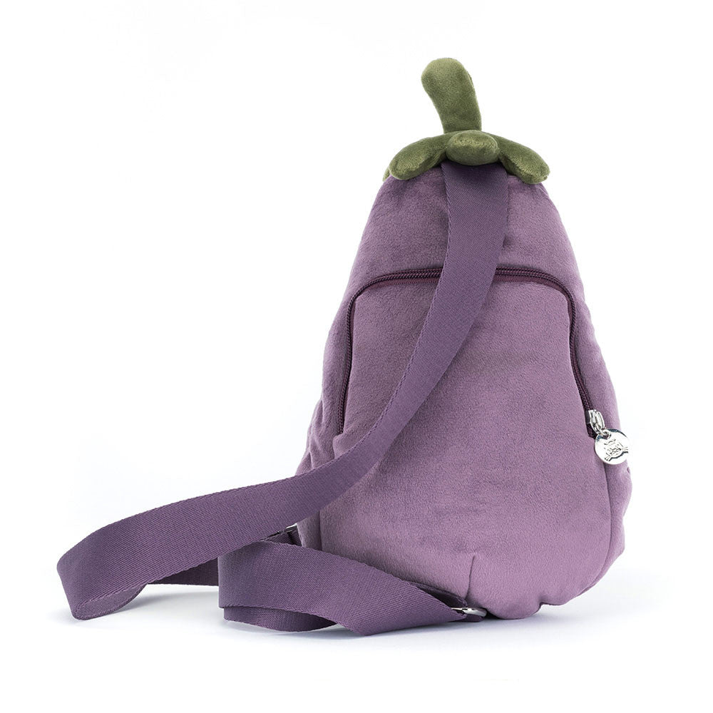 Amuseables Eggplant Bum Bag by Jellycat, worn cross-body on model