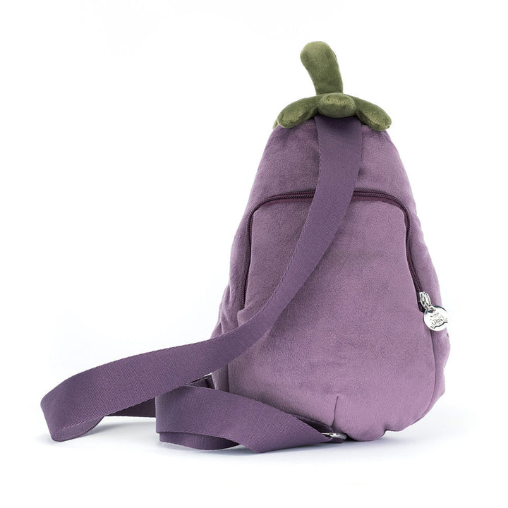 Amuseables Eggplant Bum Bag by Jellycat, worn cross-body on model