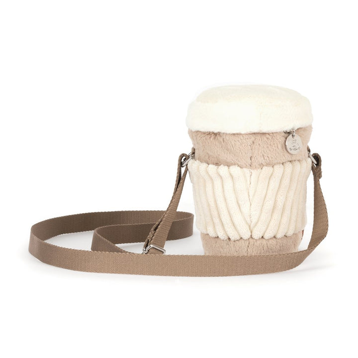Cute plush coffee cup purse from Jellycat Amuseables, the Perkle Coffee bag with adjustable strap