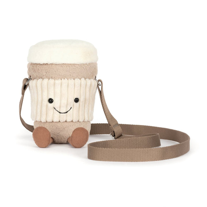 Jellycat Amuseables Perkle Coffee Shoulder Bag, a plush coffee cup crossbody bag with dangling legs