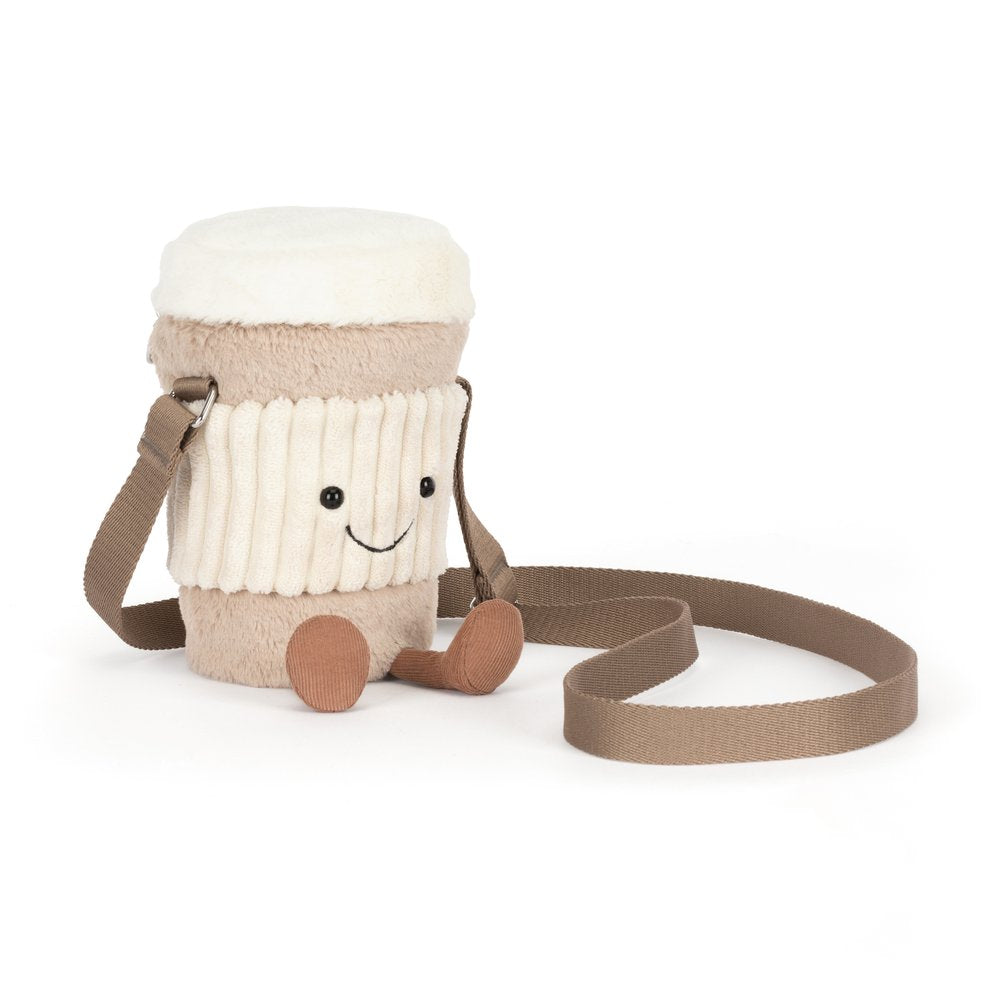 Perkle Coffee plush shoulder bag by Jellycat Amuseables, a soft mocha crossbody purse for coffee lovers
