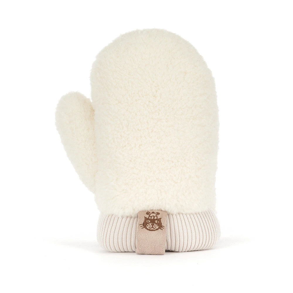Rear view of Jellycat Amuseables Fitswell Mitten showing corduroy boots on this holiday plush toy