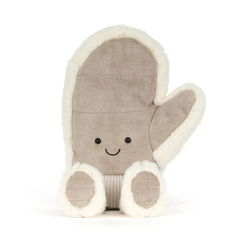 Jellycat Amuseables Fitswell Mitten plush stands upright, a cozy winter holiday stuffed animal gift