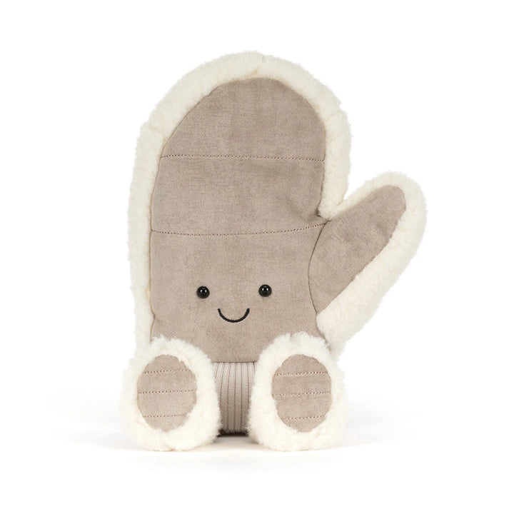 Jellycat Amuseables Fitswell Mitten plush stands upright, a cozy winter holiday stuffed animal gift