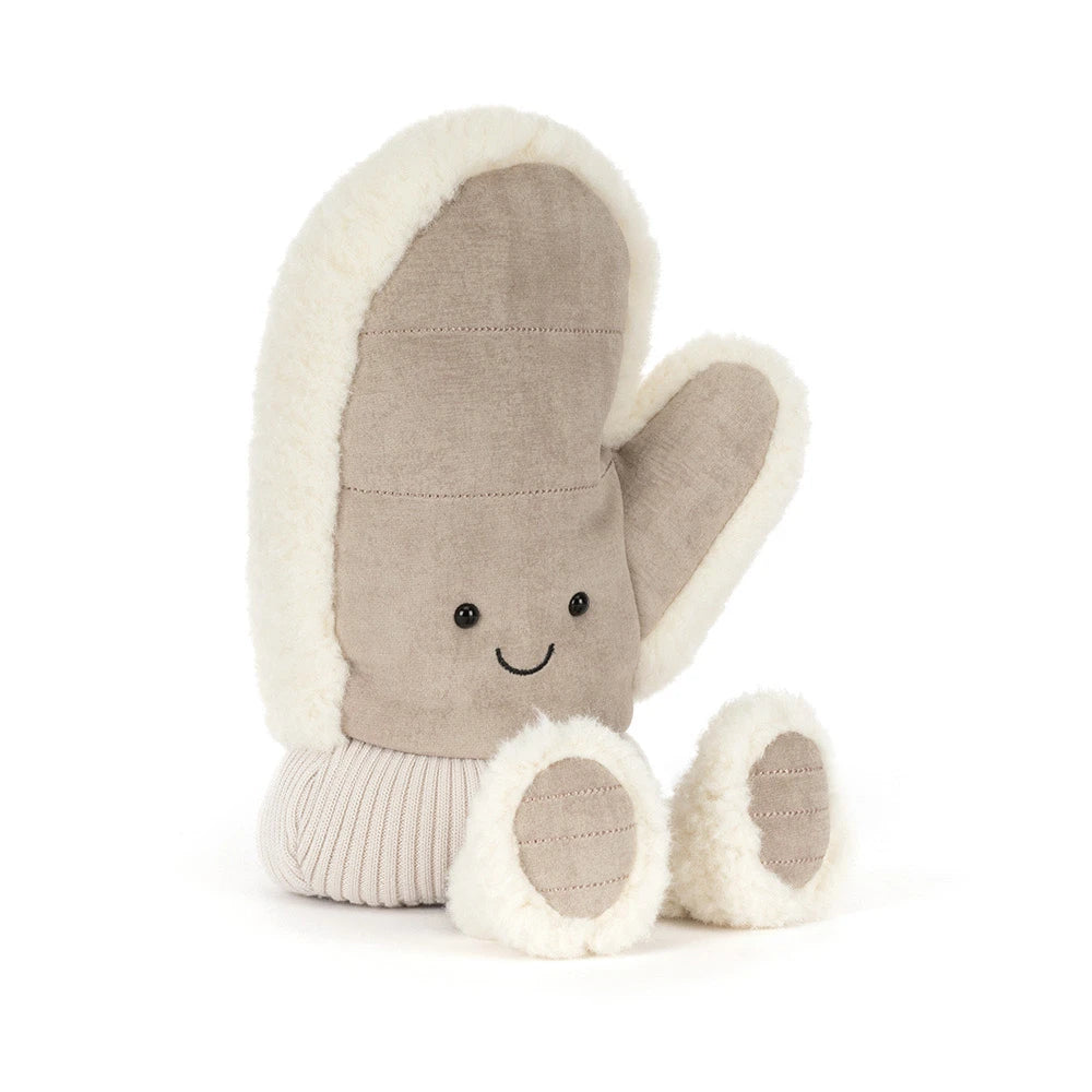 Angled view of Jellycat's Fitswell Mitten Amuseable, a soft knit-mitten Christmas collectible plush