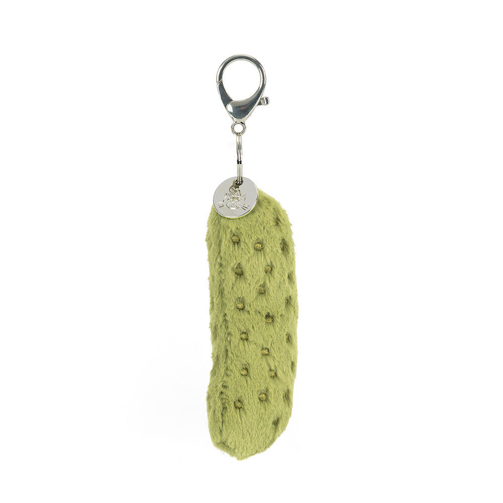 Jellycat Amuseables Pickle Bag Charm side profile plush pickle keychain soft stuffed food accessory novelty bag clip collectible Jellycat Amuseables charm