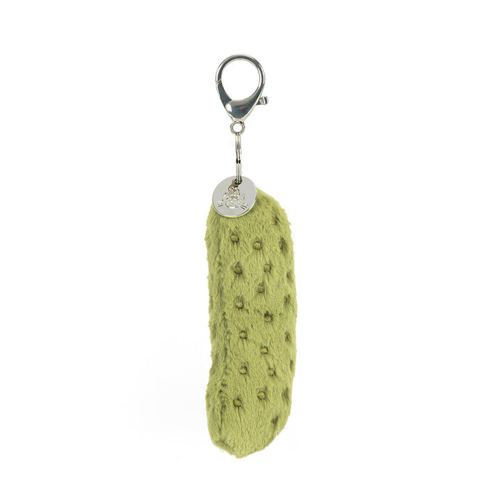 Jellycat Amuseables Pickle Bag Charm side profile plush pickle keychain soft stuffed food accessory novelty bag clip collectible Jellycat Amuseables charm