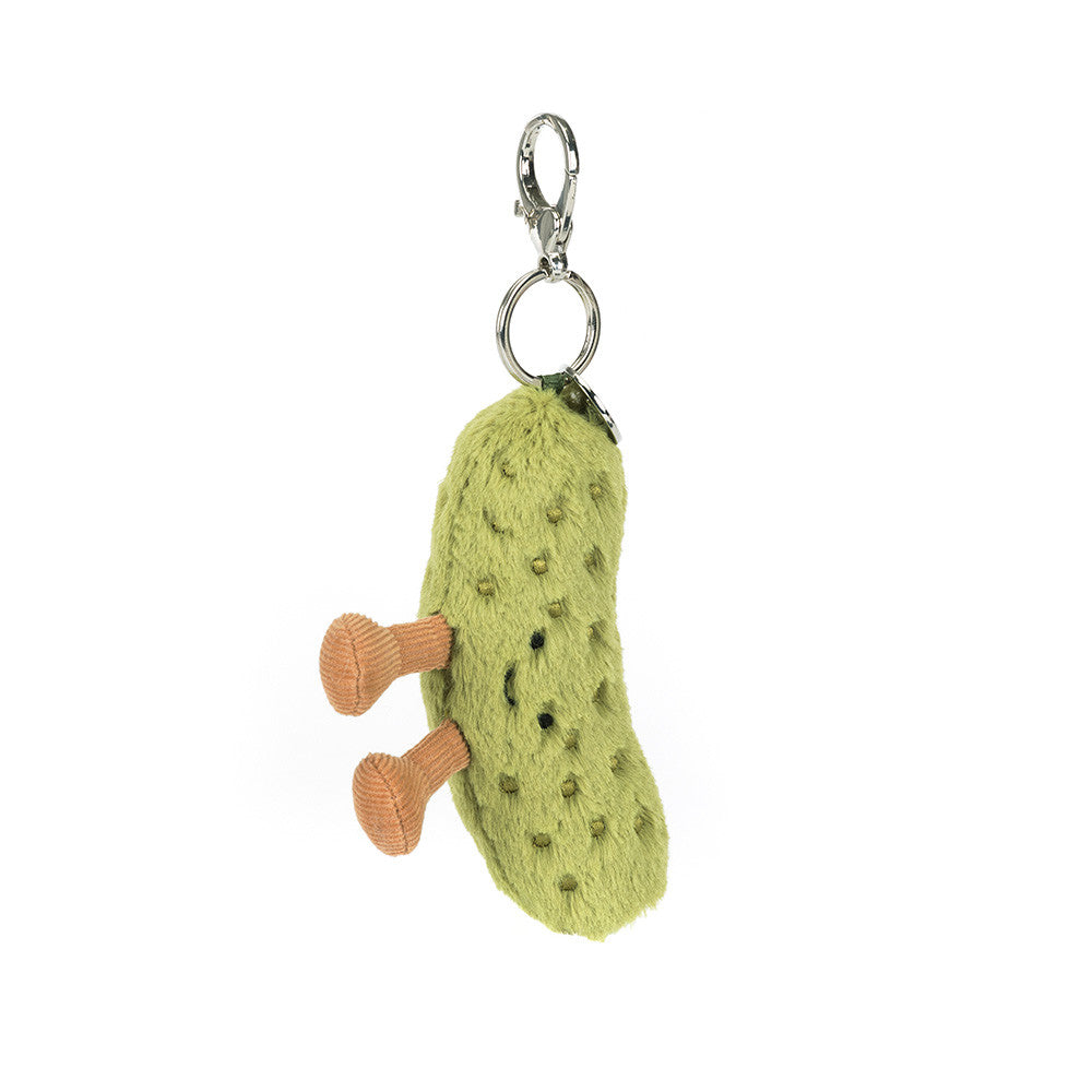 Jellycat Amuseables Pickle Bag Charm plush pickle keychain with dangling cord legs fun food plush accessory clip for bags backpacks and keyrings gift idea