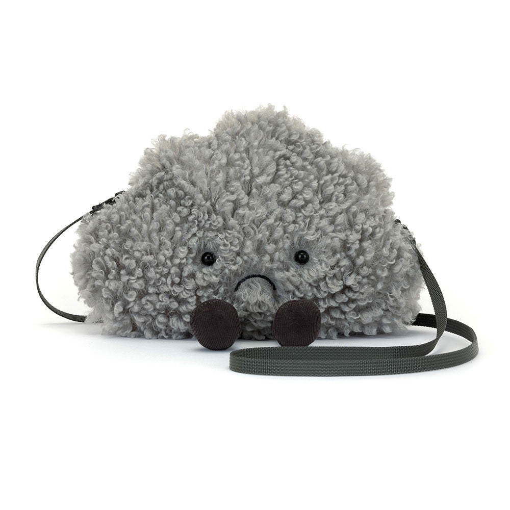 Jellycat Amuseables Cirrus Storm Cloud Shoulder Bag front view plush gray cloud bag soft fluffy stuffed cloud purse playful Jellycat character accessory