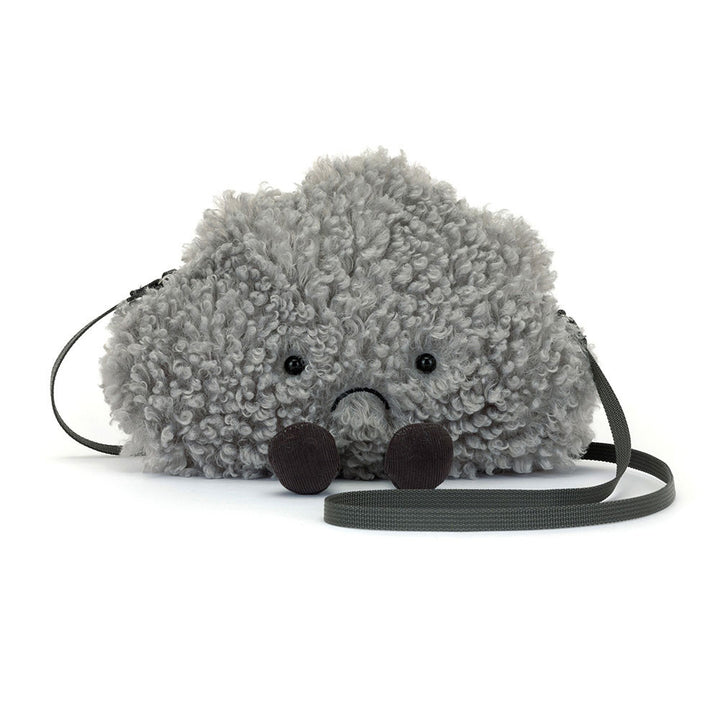 Jellycat Amuseables Cirrus Storm Cloud Shoulder Bag front view plush gray cloud bag soft fluffy stuffed cloud purse playful Jellycat character accessory