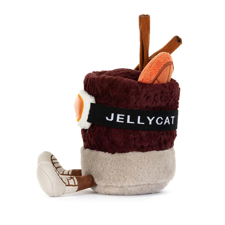 Side view of Jellycat Amuseables Mullover Spiced Drink, a warm winter collectible gift plush