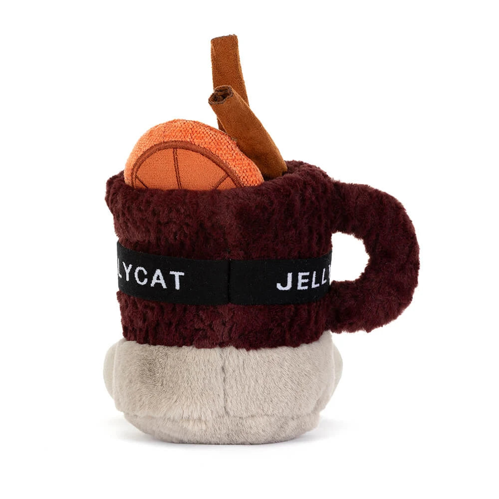 Jellycat's Mullover Spiced Drink shown from behind, a plush mulled-wine cup for holiday decor