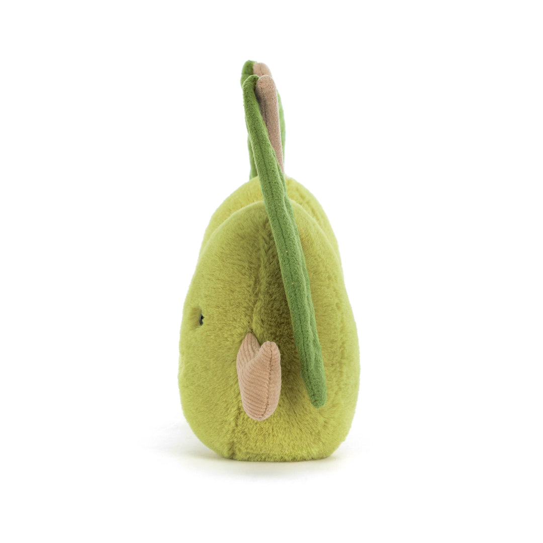 Jellycat Amuseables Pair of Olives side view — soft green olive plush set 5.5 inches, funny novelty stuffed toy gift for olive lovers, desk decor, white elephant gift idea