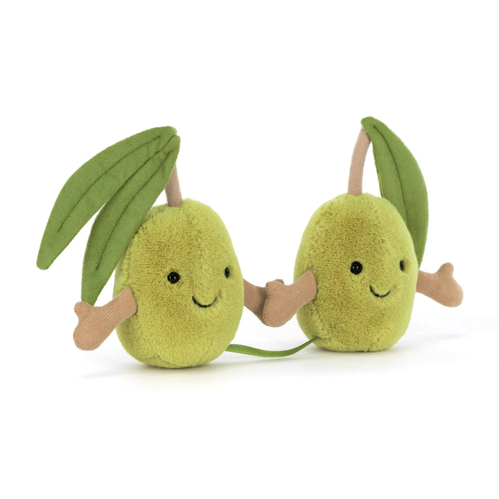Jellycat Pair of Olives close-up — A6OLI squishy green plush olive duo with hard eyes and PE bean filling, unique Jellycat food plush collectible gift for foodie friends