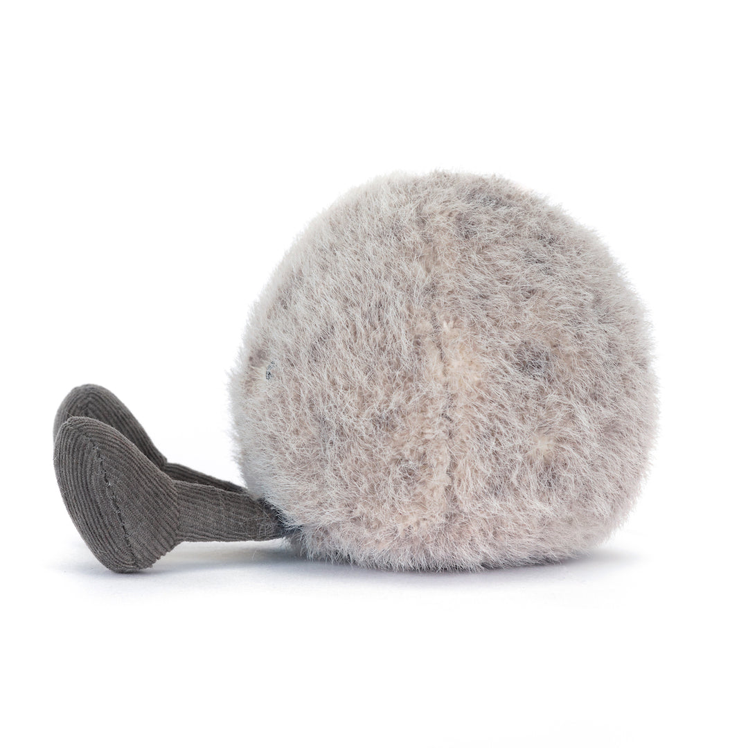 Jellycat Amuseables Pebble close-up -- A6PBL grey pebble plush with embroidered smile, PE bean filling, compact novelty stuffed toy gift for adults and kids