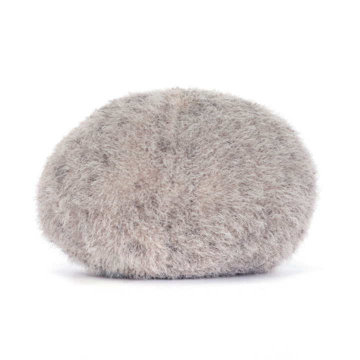 Jellycat Amuseables Pebble side view -- soft grey stone plush toy 4.3in, quirky beachcomber gift, pocketable Jellycat collectible stuffed animal for shelf or desk