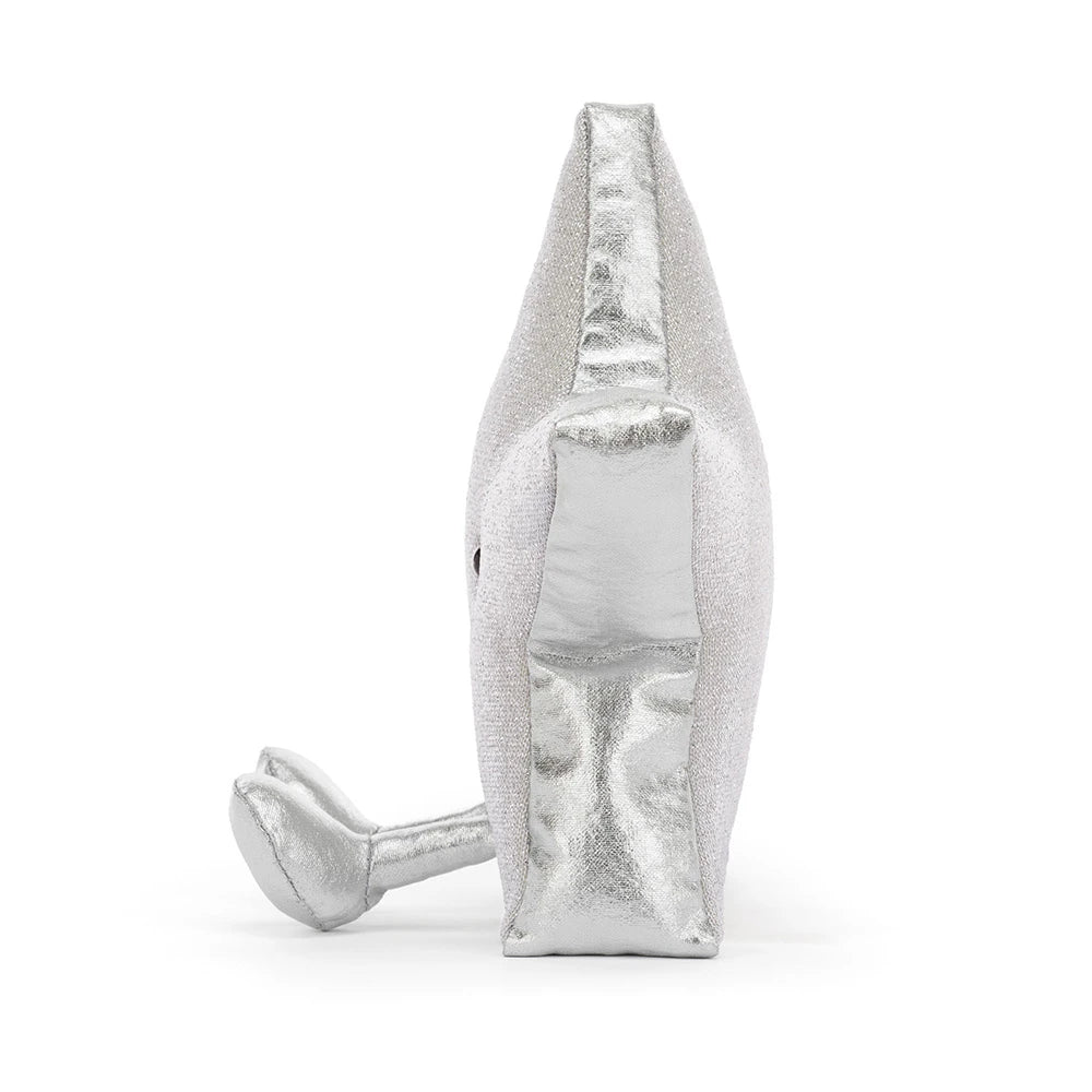 Side profile of Jellycat's Silver Star Amuseable, a soft sparkly stocking stuffer for the holidays