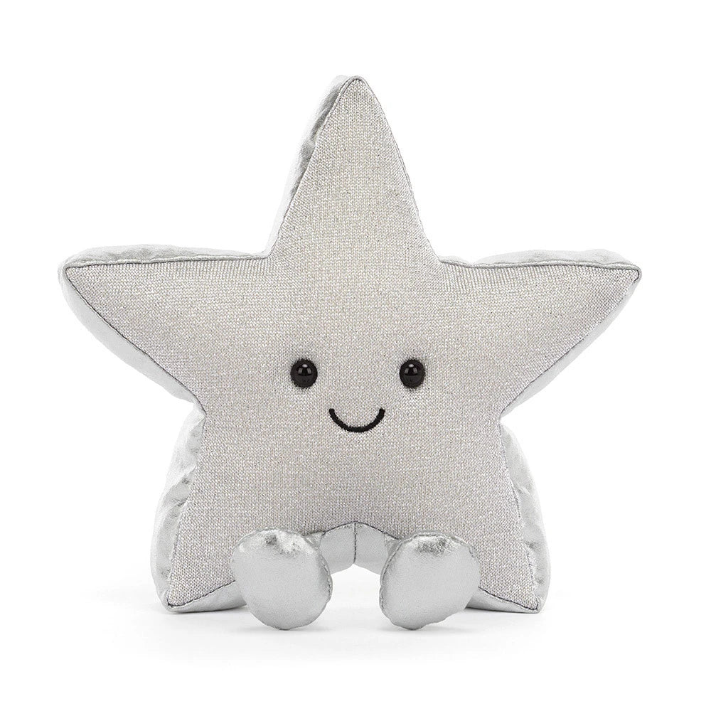 Jellycat Amuseables Silver Star plush sits upright, a sparkly Christmas tree topper stuffed toy