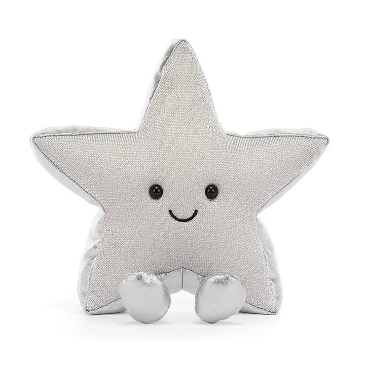 Jellycat Amuseables Silver Star plush sits upright, a sparkly Christmas tree topper stuffed toy