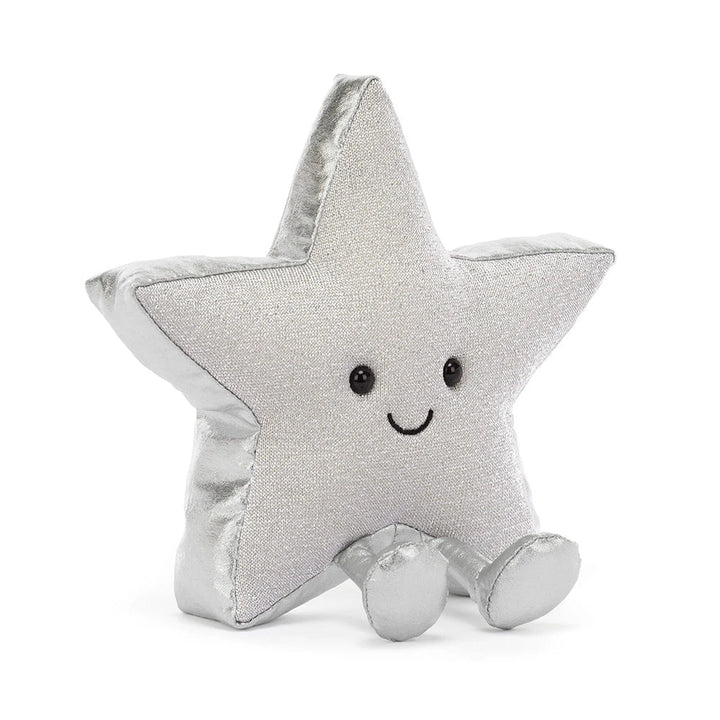 Angled view of the Silver Star by Jellycat Amuseables, a glimmering holiday collectible plush