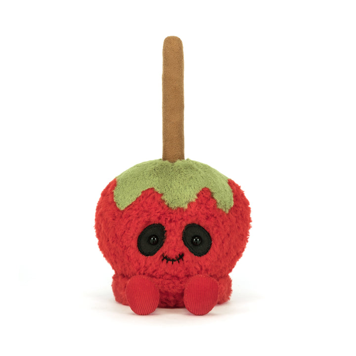 Fun Jellycat Amuseables Toffee Apple stuffed toy with a smiling face and cordy legs.