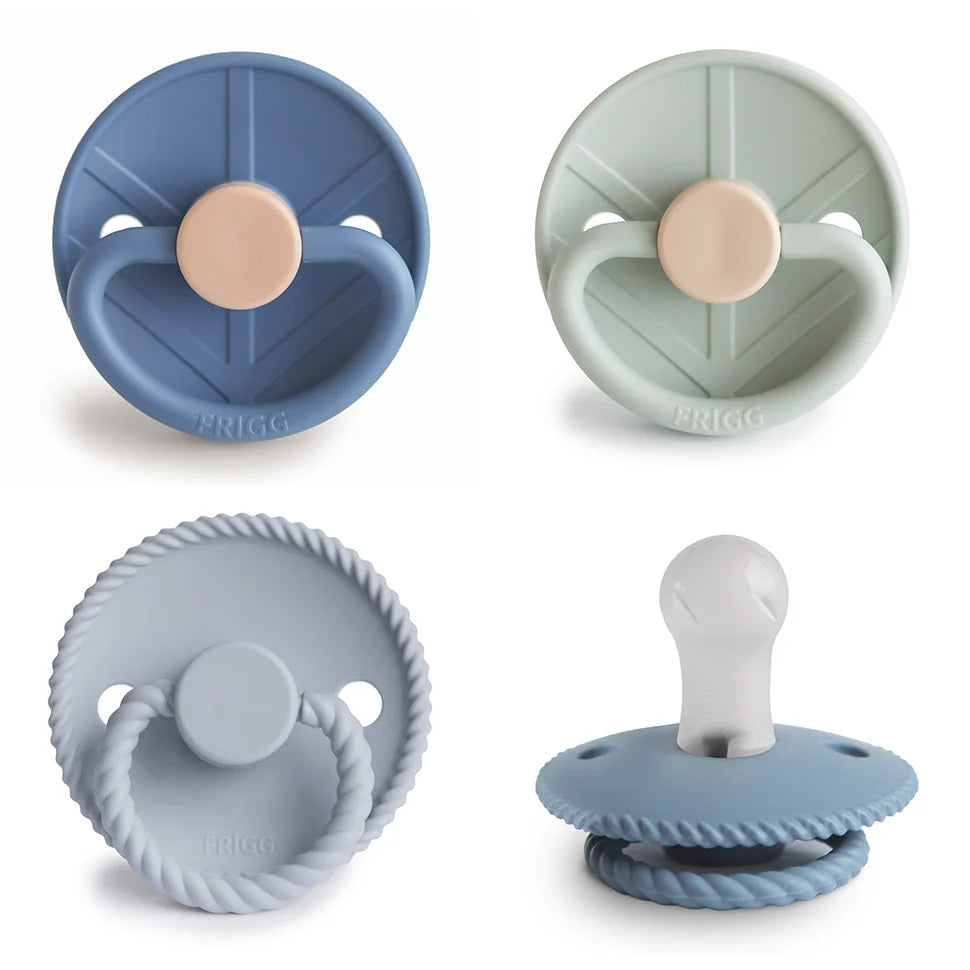 FRIGG Skyline Serenity silicone pacifier 4-pack size 1 - BPA-free orthodontic soother in calm blue-grey tones