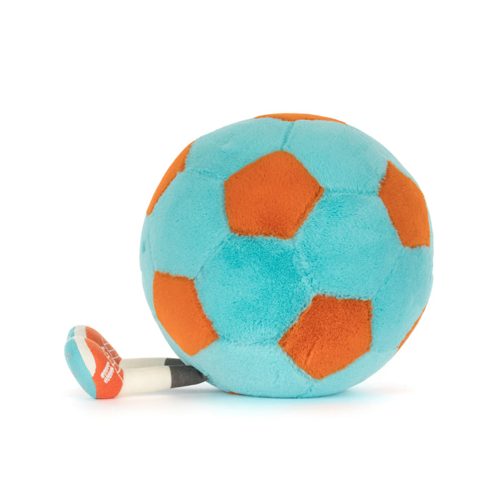 Jellycat Amuseables Jellycat Football close-up -- AS2FB blue and orange plush soccer ball with hard eyes and embroidered detailing, quirky stuffed animal for kids and adults