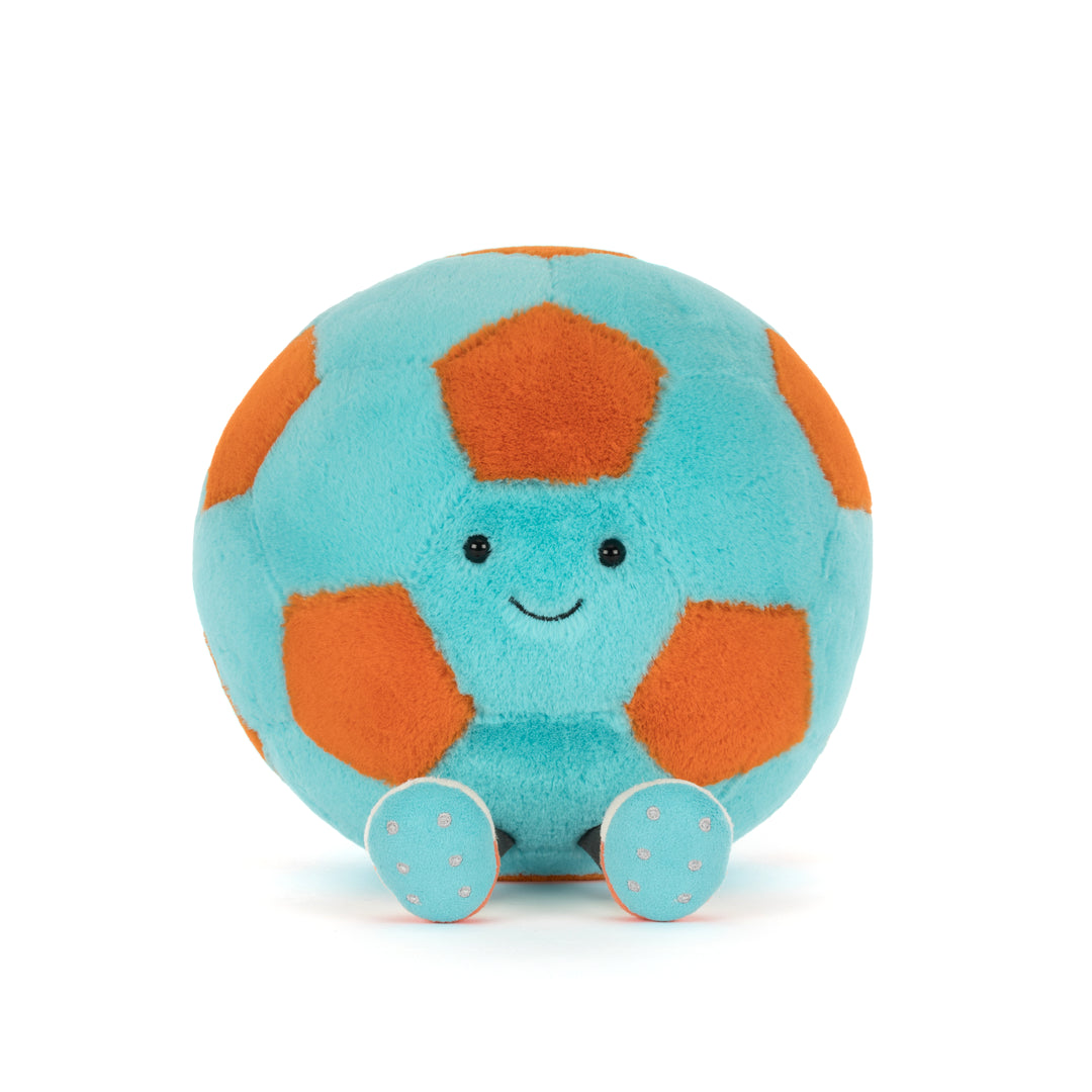Jellycat AS2FB Amuseables Jellycat Football back view -- bold blue and orange smiling soccer ball stuffed animal, novelty plush gift for game day, birthdays, and collectors