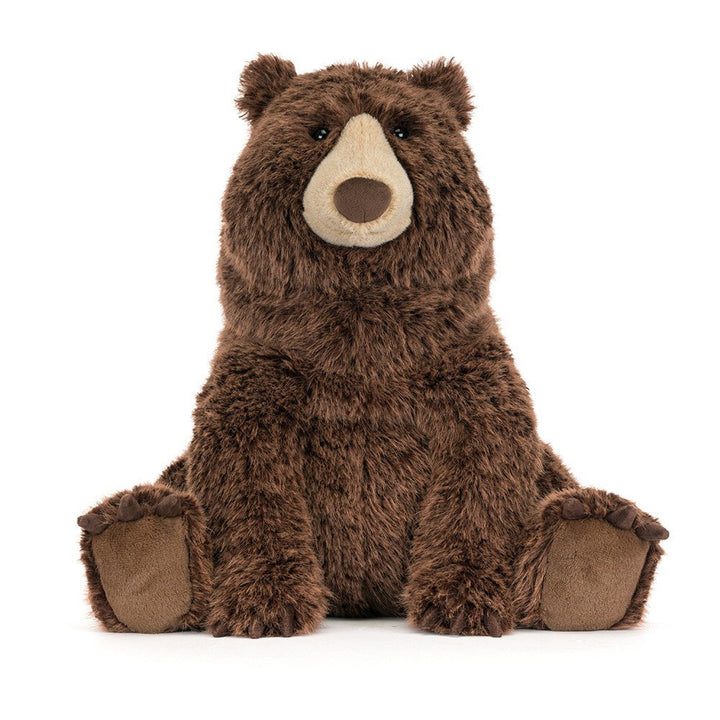 Jellycat Bizzlestomp Bear close-up face detail with hard eye and expressive scruffy plush features