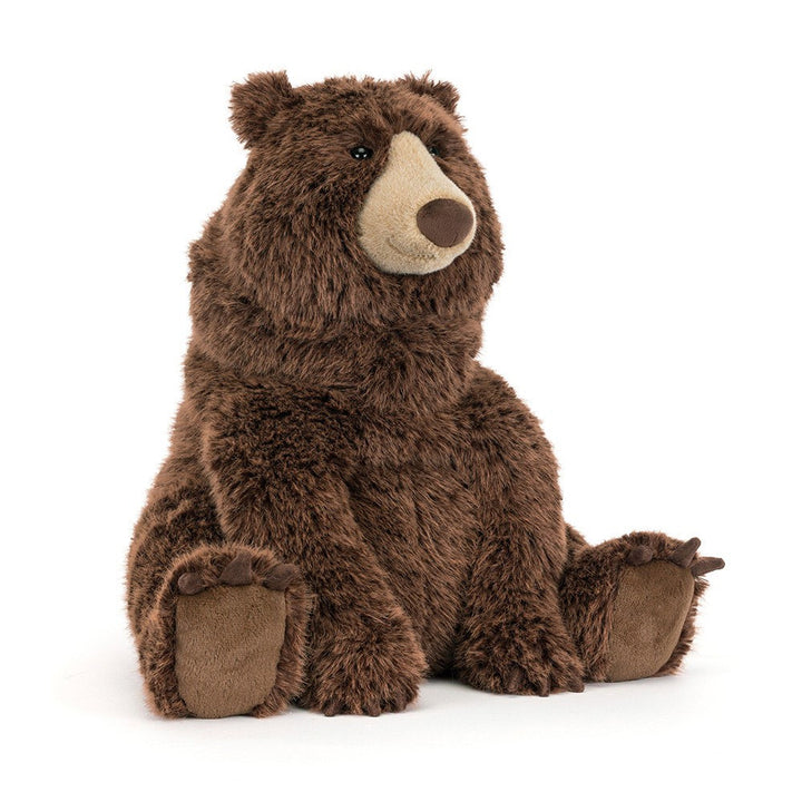 Jellycat Bizzlestomp Bear large stuffed animal with scruffy textured polyester fur and PE bean weighted base