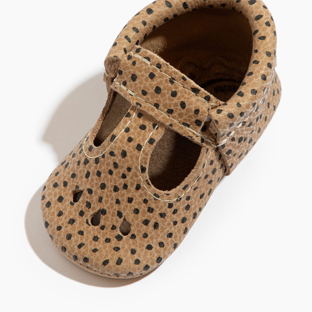 Freshly Picked Almond Speckles Mary Jane baby shoe angled view, speckled leather