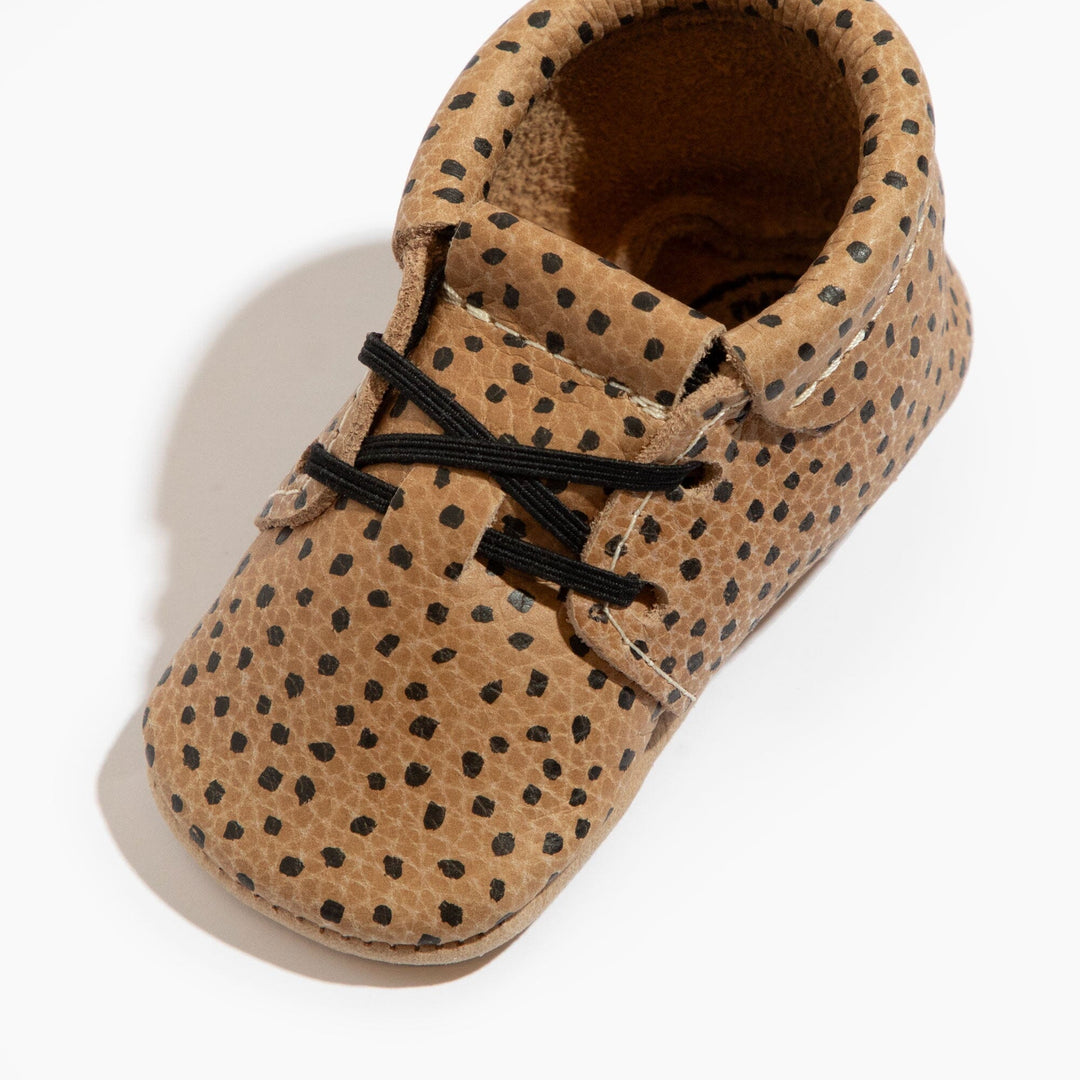Freshly Picked Almond Speckles Oxford baby shoe angled view, speckled leather