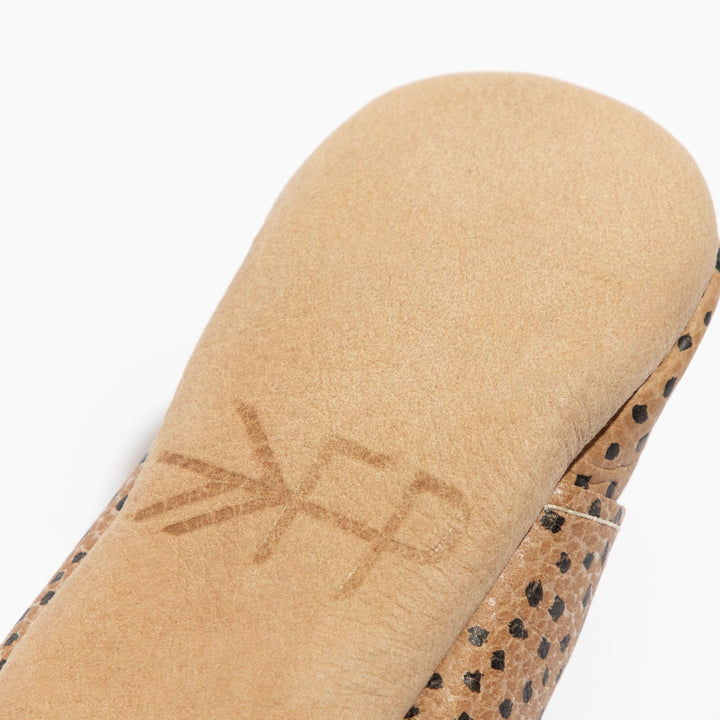 Freshly Picked Almond Speckles Oxford baby shoe sole logo close-up, handmade leather