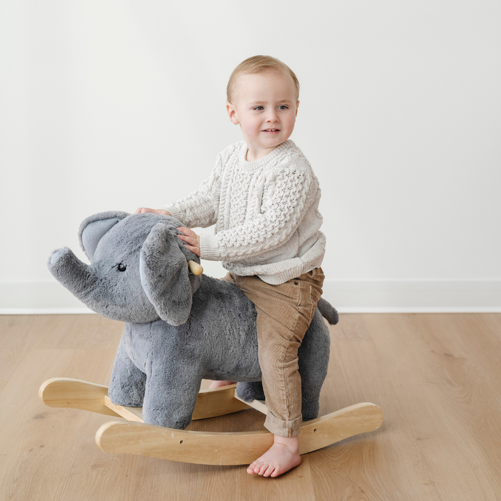 Designed with trending neutrals, this Saranoni Elephant silhouette is a stylish rocking animal upgrade for curated nursery spaces.