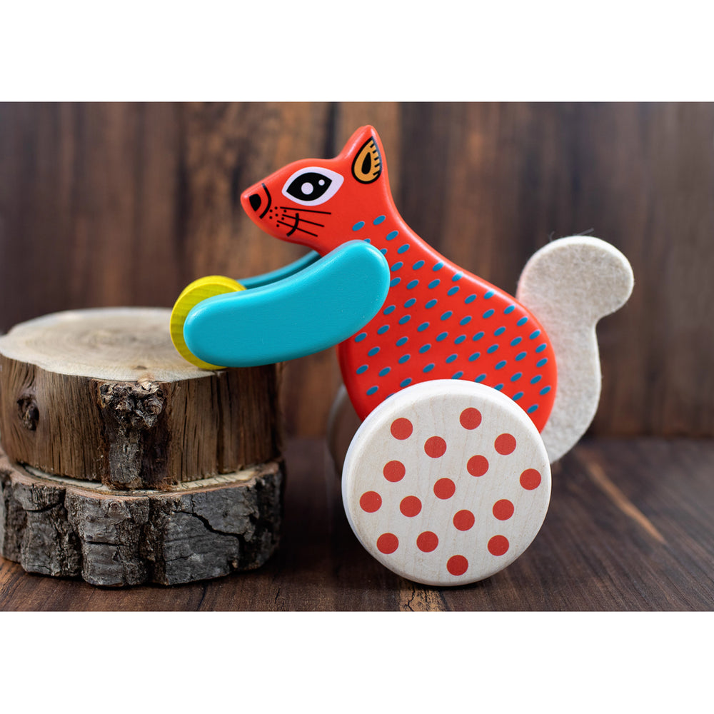 BAJO red pull along squirrel pull toy