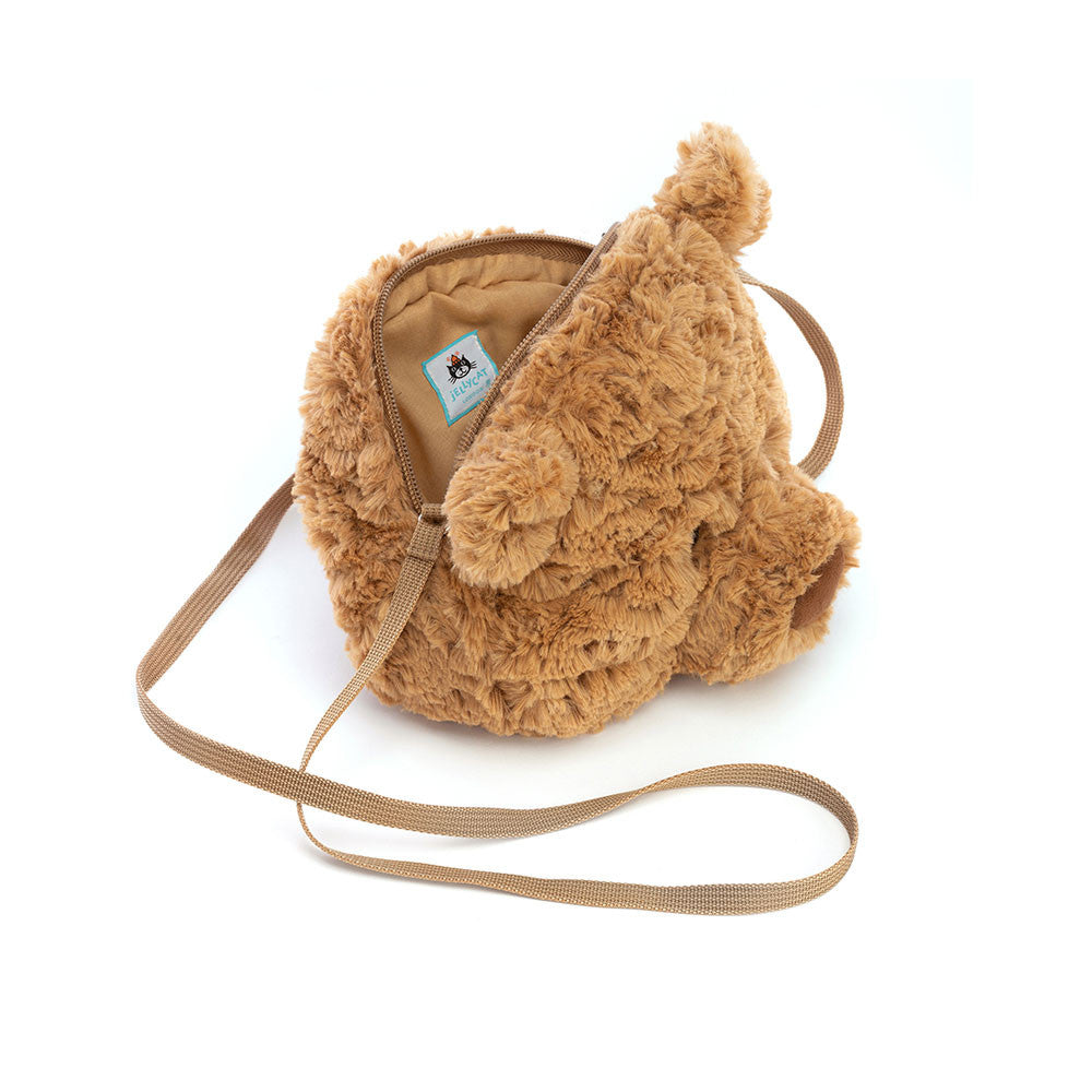 Jellycat Bartholomew Bear Shoulder Bag side view plush teddy bear purse soft crossbody bag kids bear handbag cute Jellycat character accessory