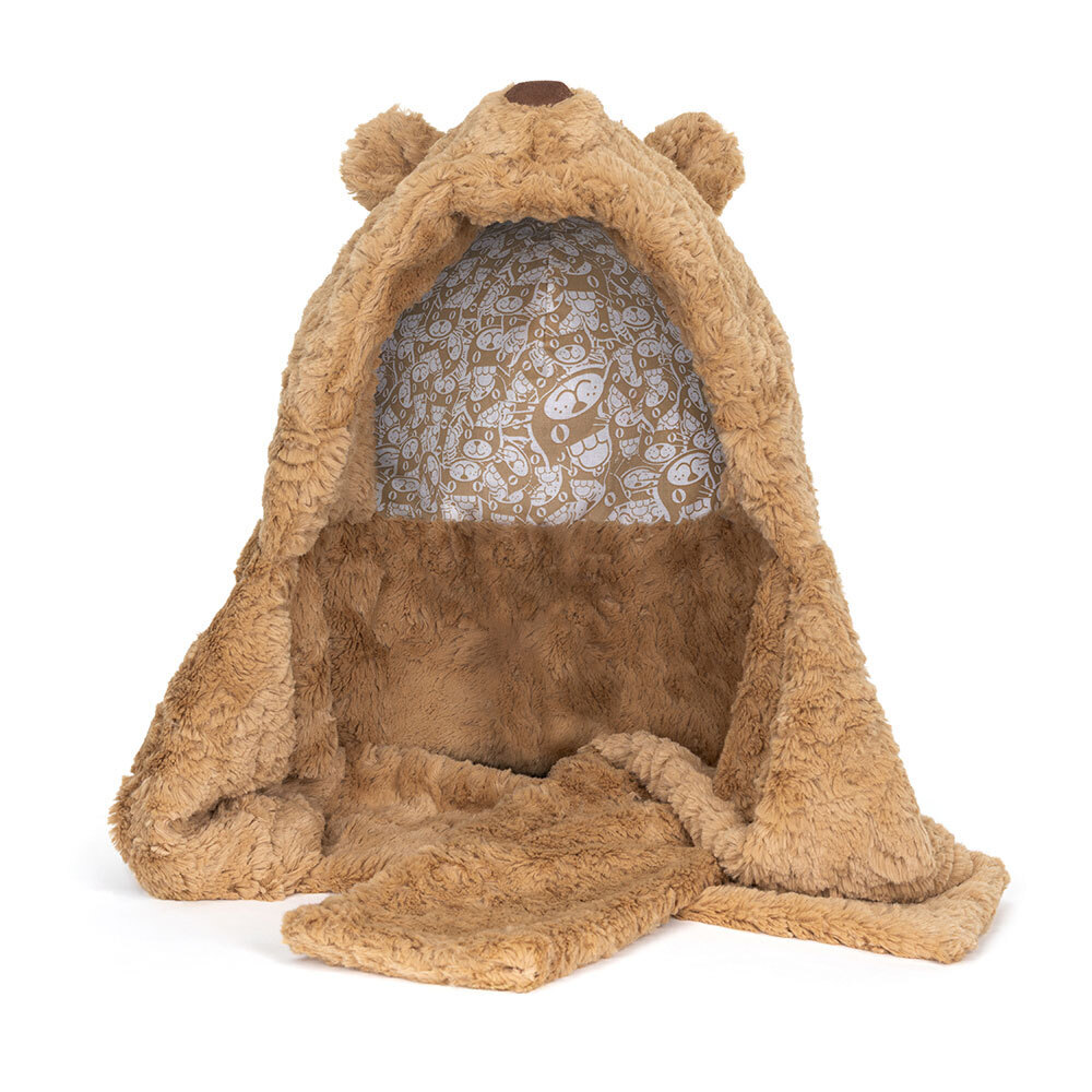 Bartholomew Bear Bundlesnug by Jellycat, side view showing fluffy ears