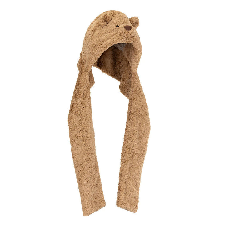 Bartholomew Bear Bundlesnug by Jellycat, front view of hood-scarf hybrid