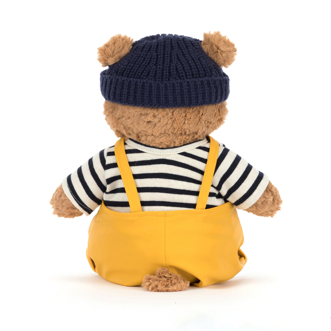 Jellycat Bartholomew Bear Fisherman side view -- soft polyester and cotton bear plush 10.2in in full sailor outfit, nautical themed stuffed animal birthday gift