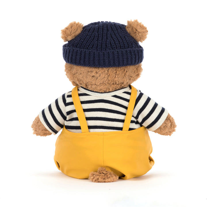 Jellycat Bartholomew Bear Fisherman side view -- soft polyester and cotton bear plush 10.2in in full sailor outfit, nautical themed stuffed animal birthday gift