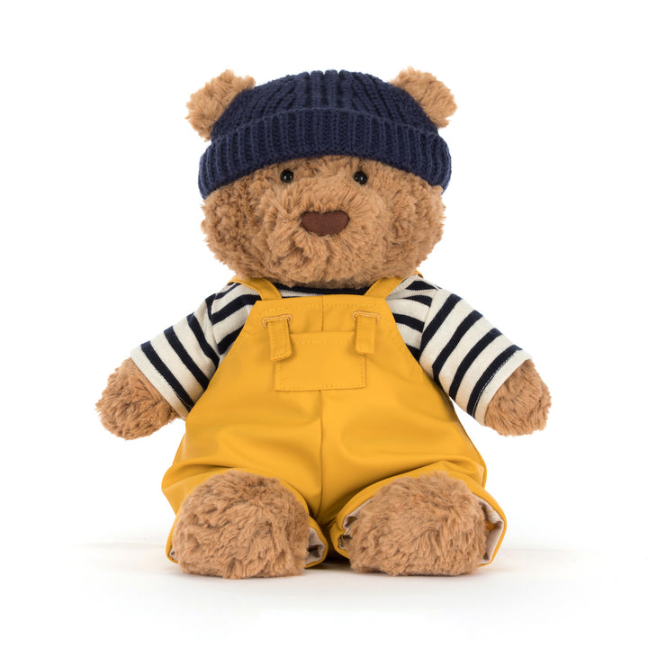 Jellycat BARM2FM Bartholomew Bear Fisherman back view -- tawny teddy bear plush with removable fisherman costume, High Summer 2026 collectible stuffed animal for display or gifting