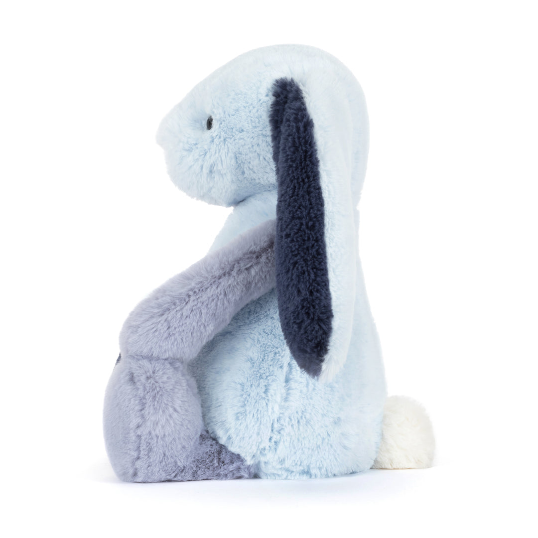 Jellycat Puddlesea Bunny close-up -- BAS3PWBL textured patchwork bunny plush with hard eyes and PE bean filling, unique soft toy gift for Jellycat bunny collectors