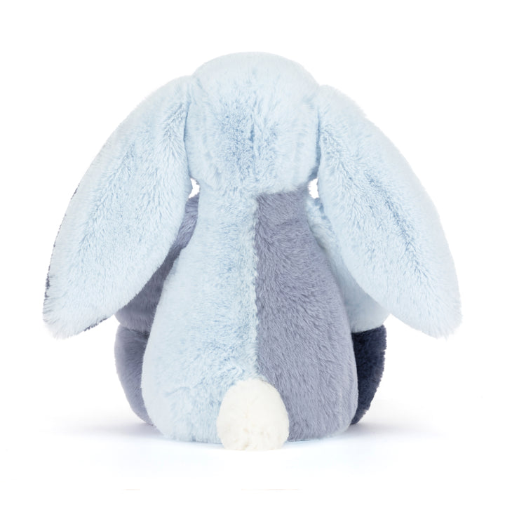 Jellycat Puddlesea Bunny Original side view -- soft blue patchwork plush rabbit 12.2in, creative beach-themed stuffed animal for kids and adults who love Bashful Bunny