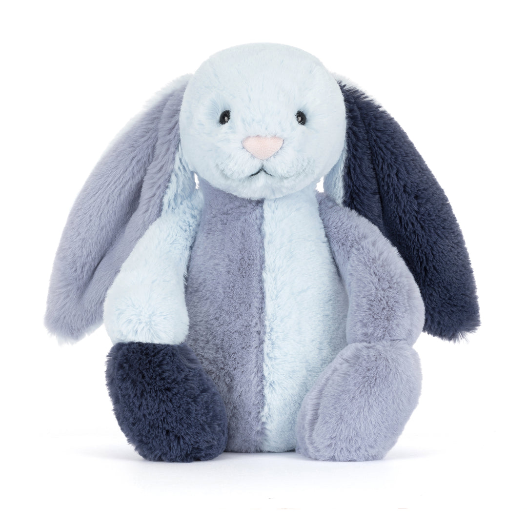Jellycat BAS3PWBL Puddlesea Bunny Original back view -- cream and blue patchwork floppy ear rabbit plush, High Summer 2026 collectible stuffed animal, gift for bunny lovers