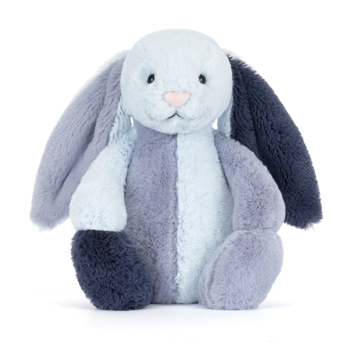 Jellycat BAS3PWBL Puddlesea Bunny Original back view -- cream and blue patchwork floppy ear rabbit plush, High Summer 2026 collectible stuffed animal, gift for bunny lovers